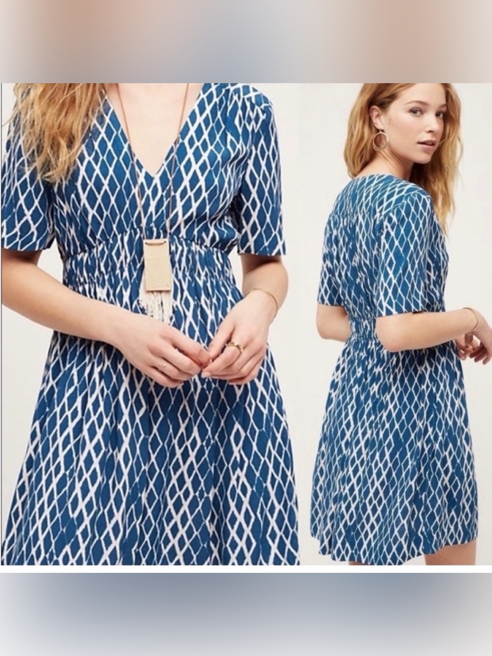 Anthropologie Navy and White Diamond-Print Mini Dress